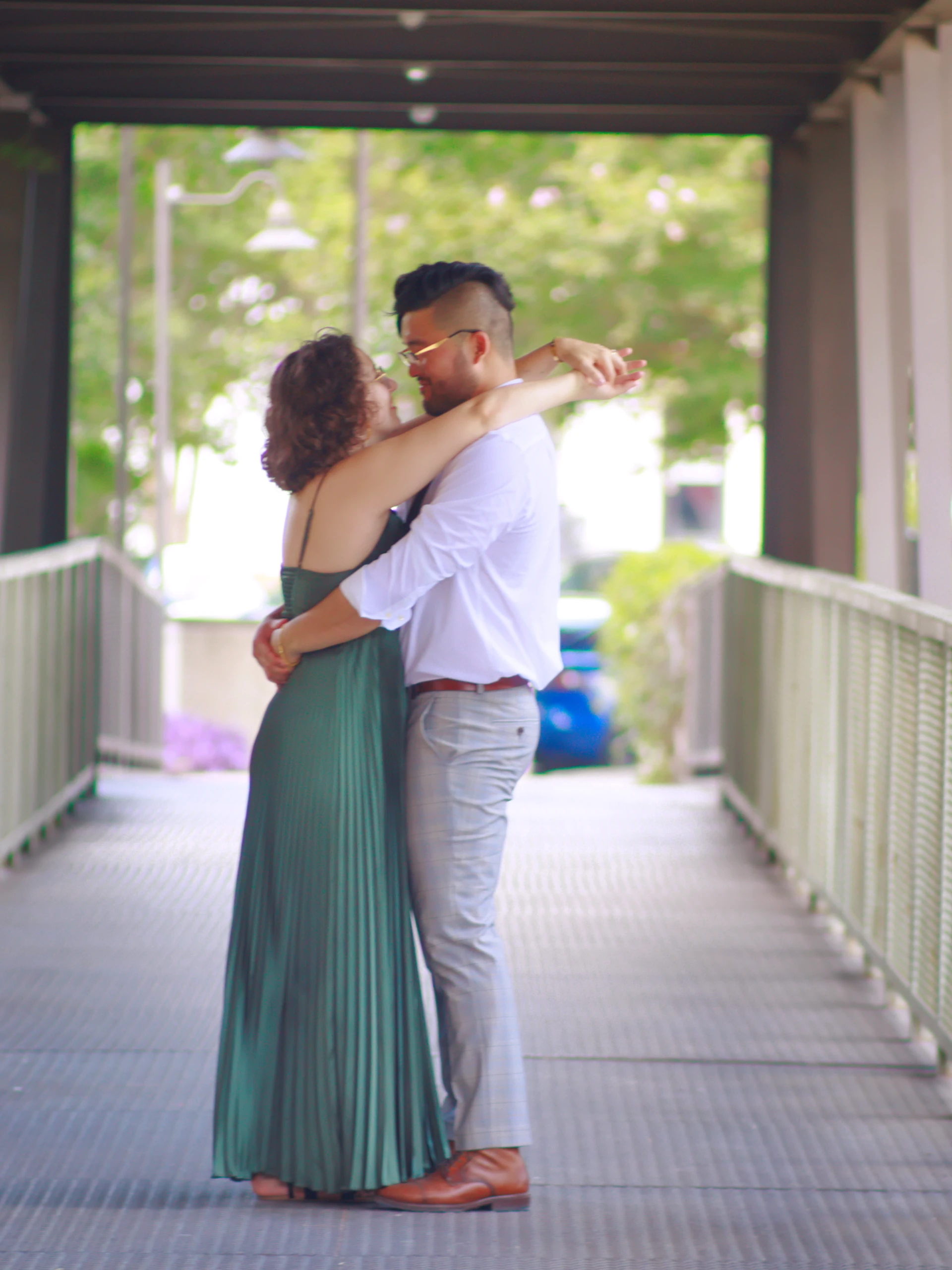 Austin engagement photos on a downtown bridge at sunset