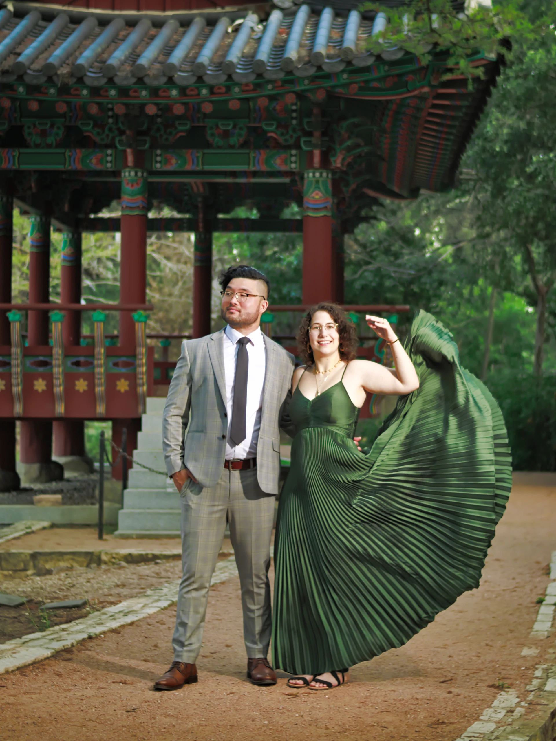 Couple wearing coordinated outfits for Central Texas engagement photos